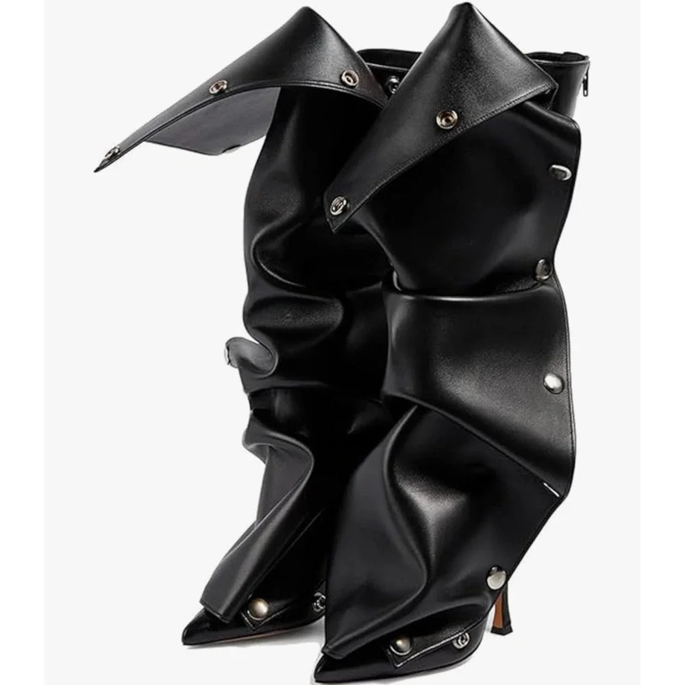 Boots Knee High Women's 9.5 Black Detachable‎ Front Panel 2-Way Stiletto Pointy
